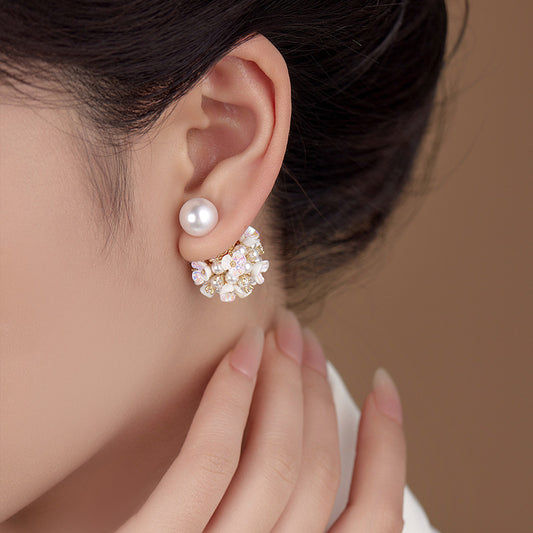 Elegant Pearl Flower Front Back Ear Jacket Earrings 