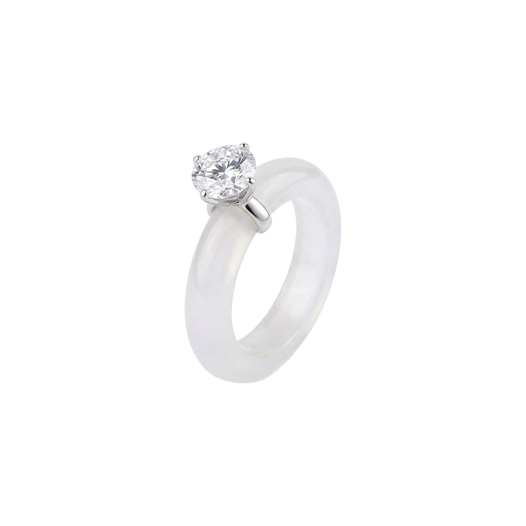 Translucent White Chalcedony Crystal Ring with Zircon