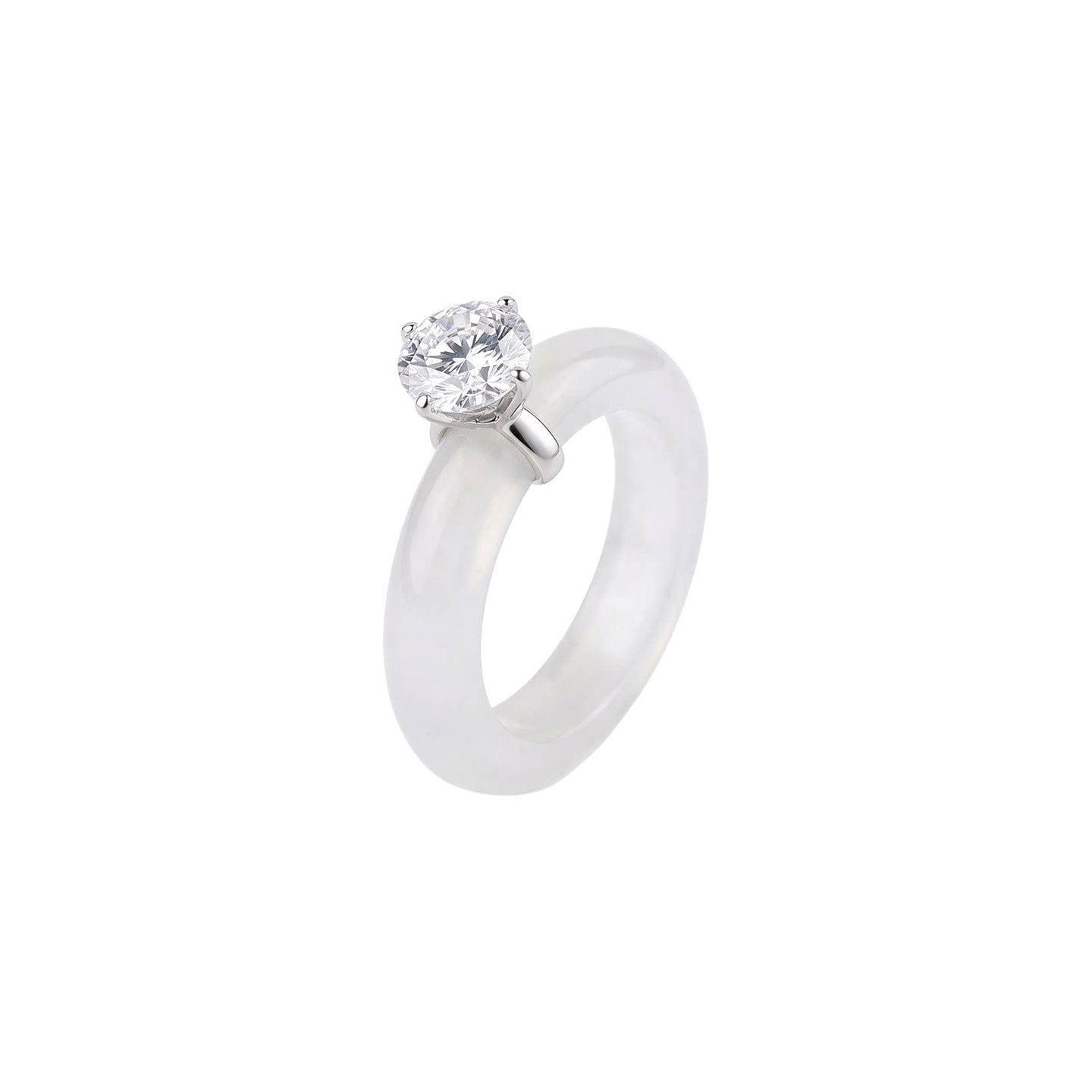 Translucent White Chalcedony Crystal Ring with Zircon