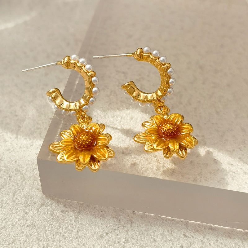 Dainty Sunflower C Hoop Pearl Dangle Earrings