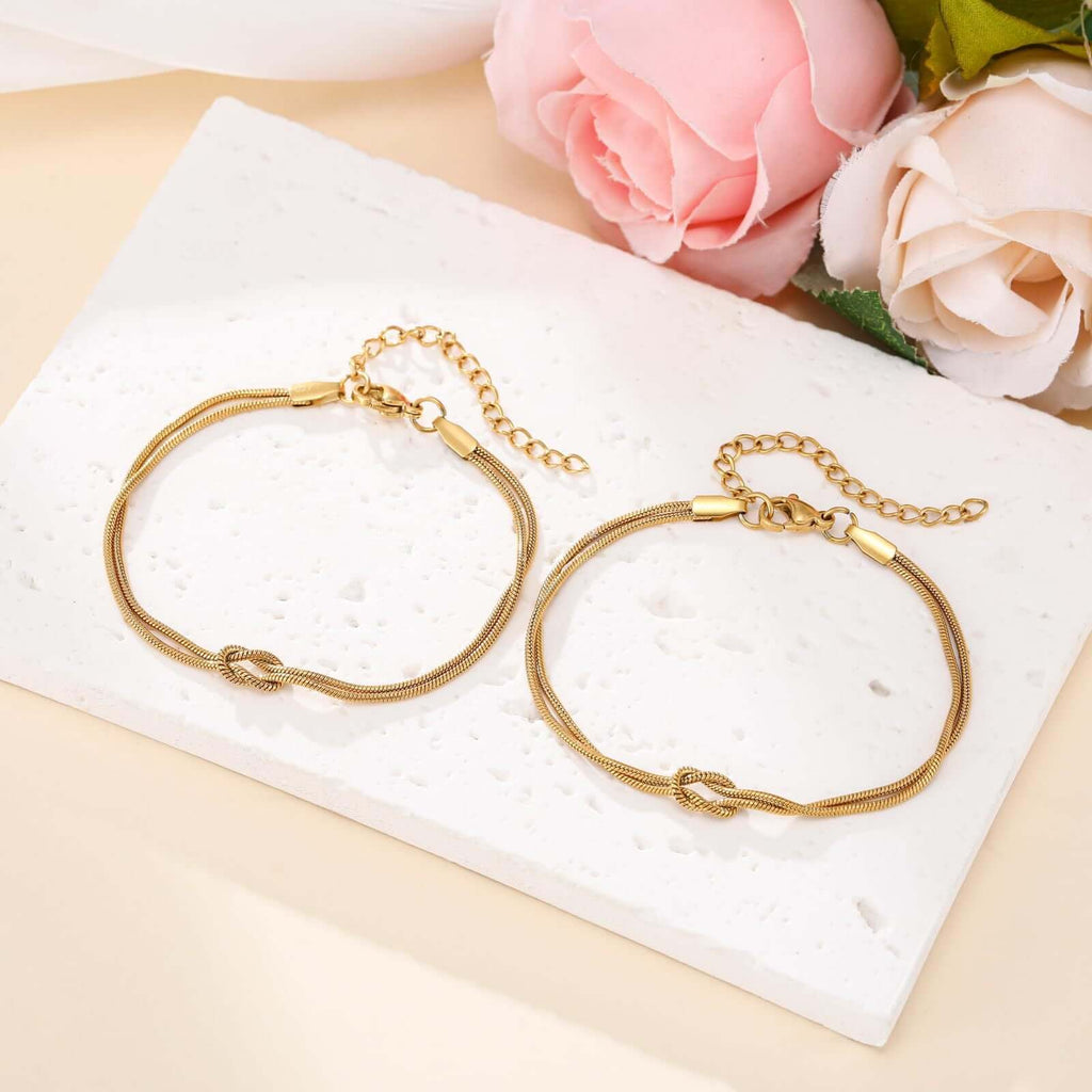 Bow Link Chain Matching Bracelet Gold Set