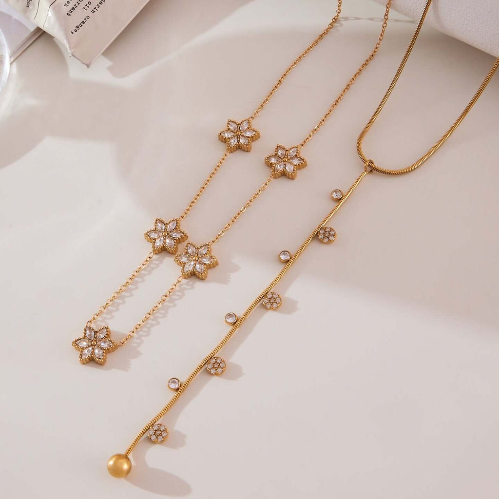 Vintage Gold Flower Lariat Necklace Layered