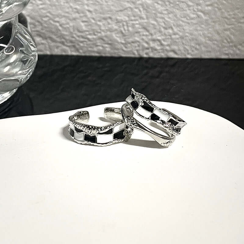 Black & White Checkerboard Layered Ring Silver