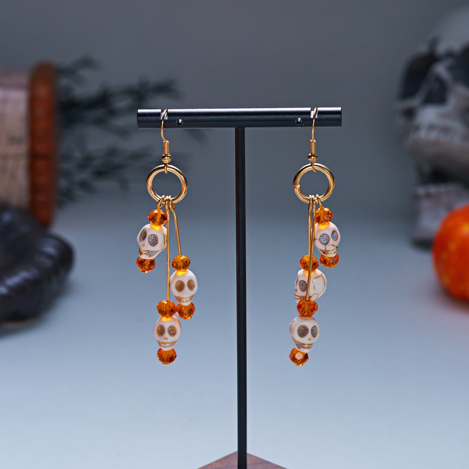 Pumpkin Spell Skull Beaded Drop Earrings
