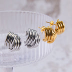 14K Gold Ribbed Triple Open Hoop Earrings Stud