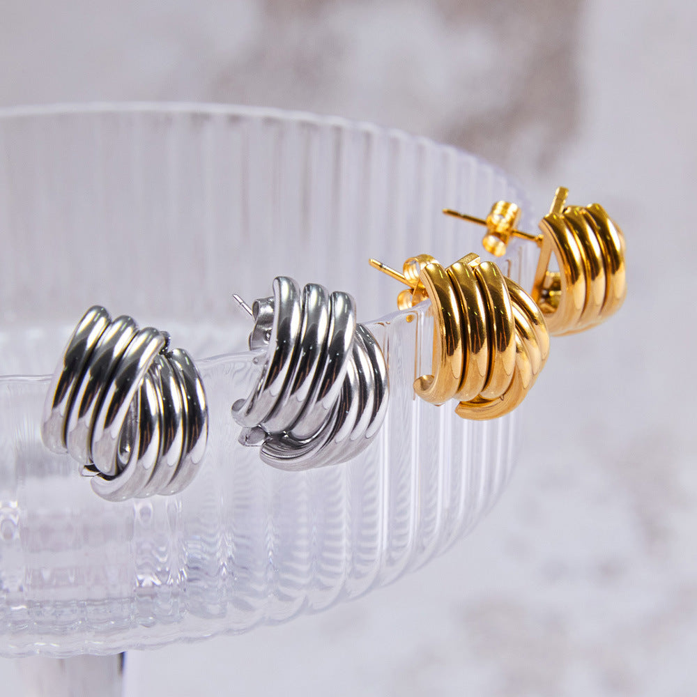 14K Gold Ribbed Triple Open Hoop Earrings Stud