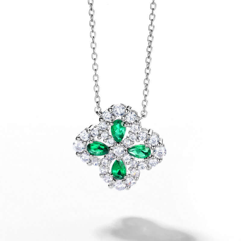 Retro Lab Crafted Emerald Ruby Clover Necklace