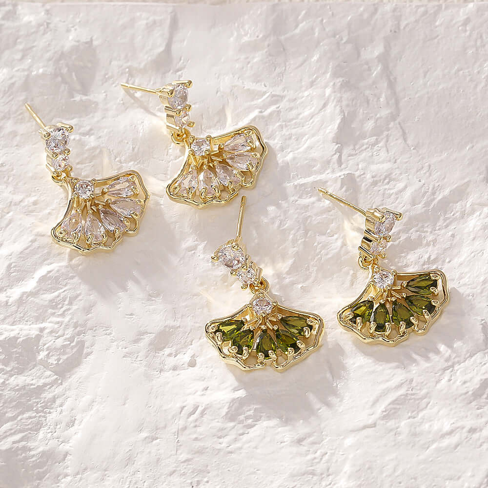 Fan Shape Ginkgo Leaf CZ Drop Earring