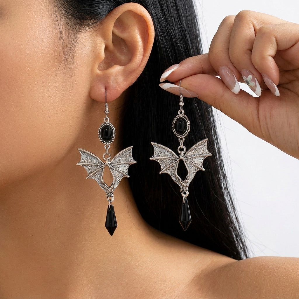 Midnight Bat Black Crystal Drop Earrings