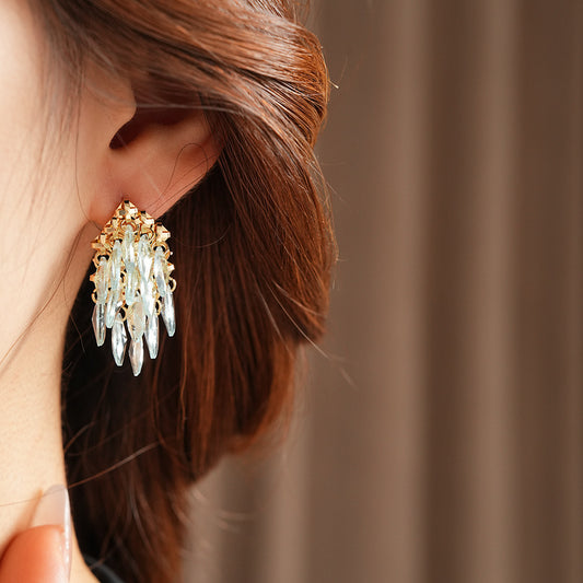 Classic Crystal Leaf Tassel Earrings
