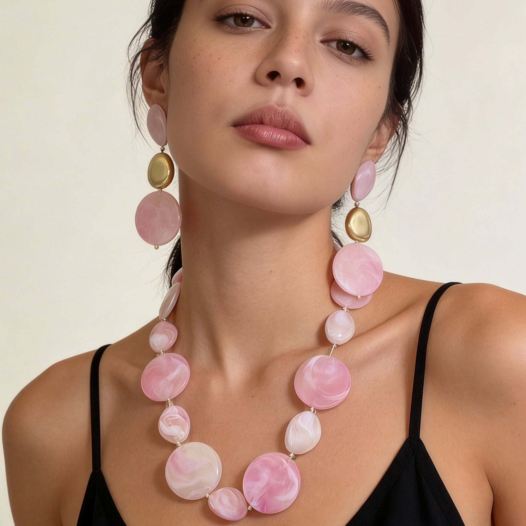 Pink Irregular Disc Beaded Necklace