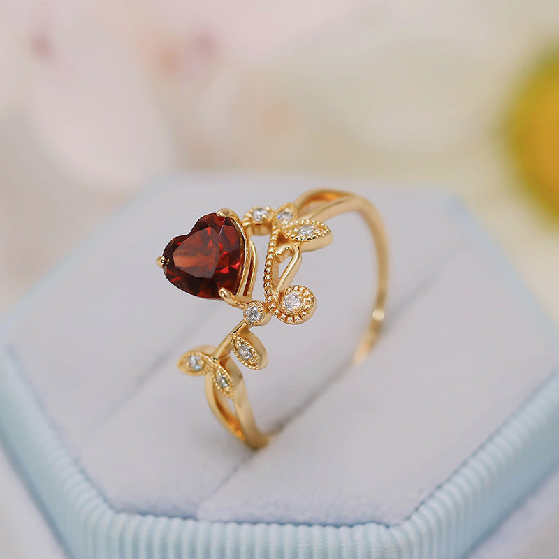 Red Garnet Heart Shaped Olive Branch Spiral Ring