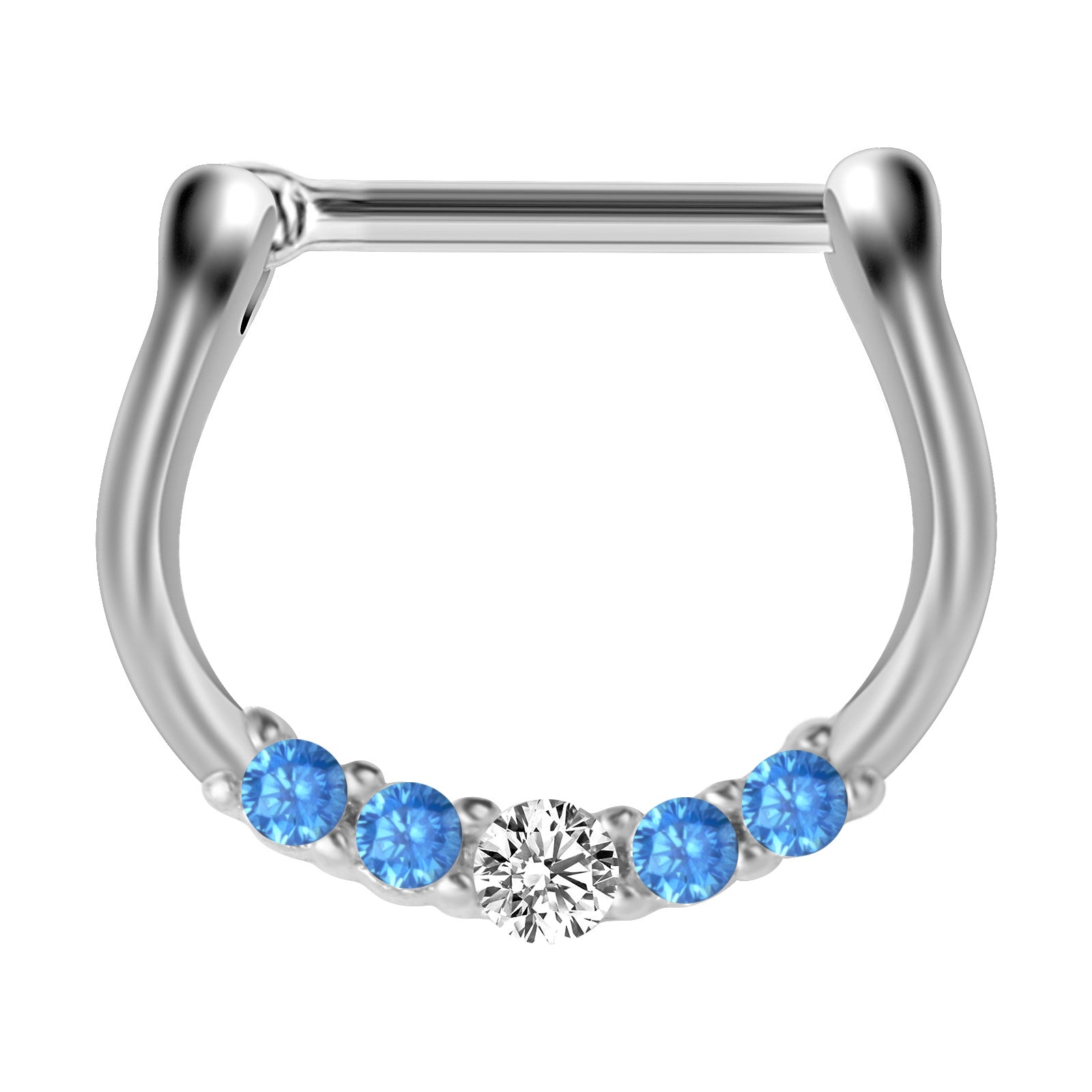 18G Hypoallergenic 5 Stones Blue CZ Pave CZ Septum Clicker