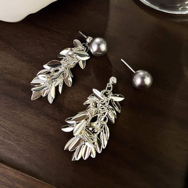 Two Tone Multi Way Pearl Leaf Ear Jacket Earrings