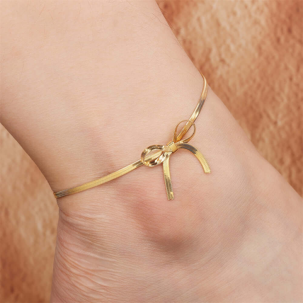 Gold Bow Herringbone Anklet Chain