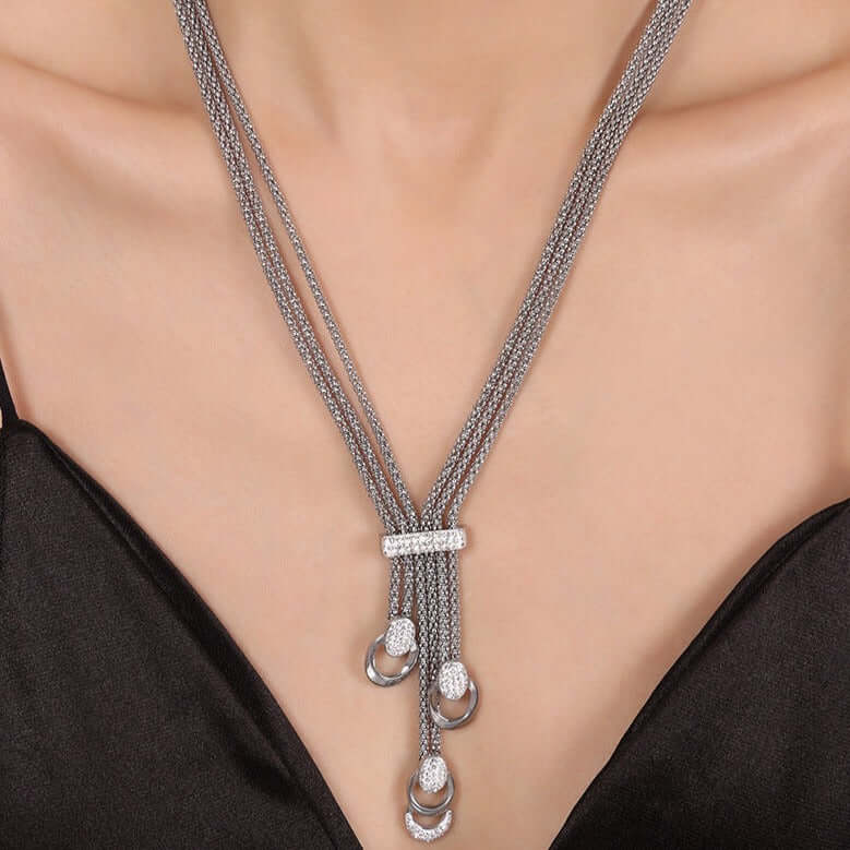 Bold Silver Mesh Waterfall Tassel Necklace 