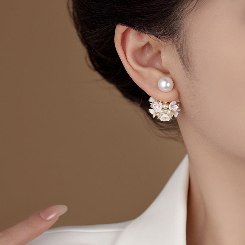 Elegant Pearl Flower Front Back Ear Jacket Earrings 