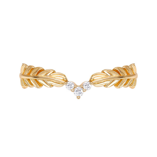 Dainty Gold Zircon Feather Leaf Ring