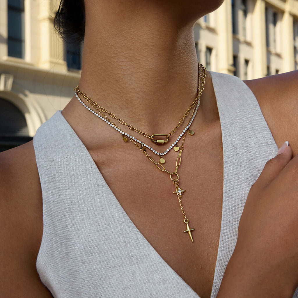 Four Pointed Shiny Star Tennis Chain Layer Necklace