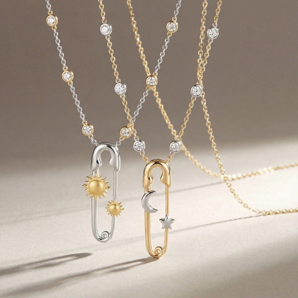 Celestial Safety Pin Sun Moon Necklace