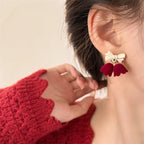 Velvet Jingle Bell Cute Bow Christmas Drop Earrings