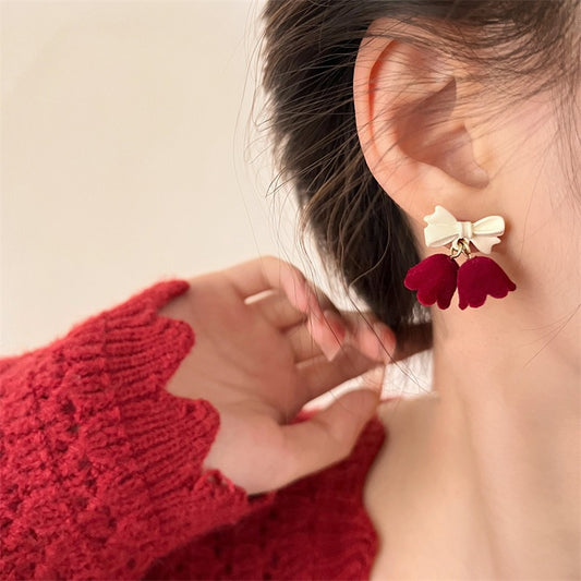 Velvet Jingle Bell Cute Bow Christmas Drop Earrings