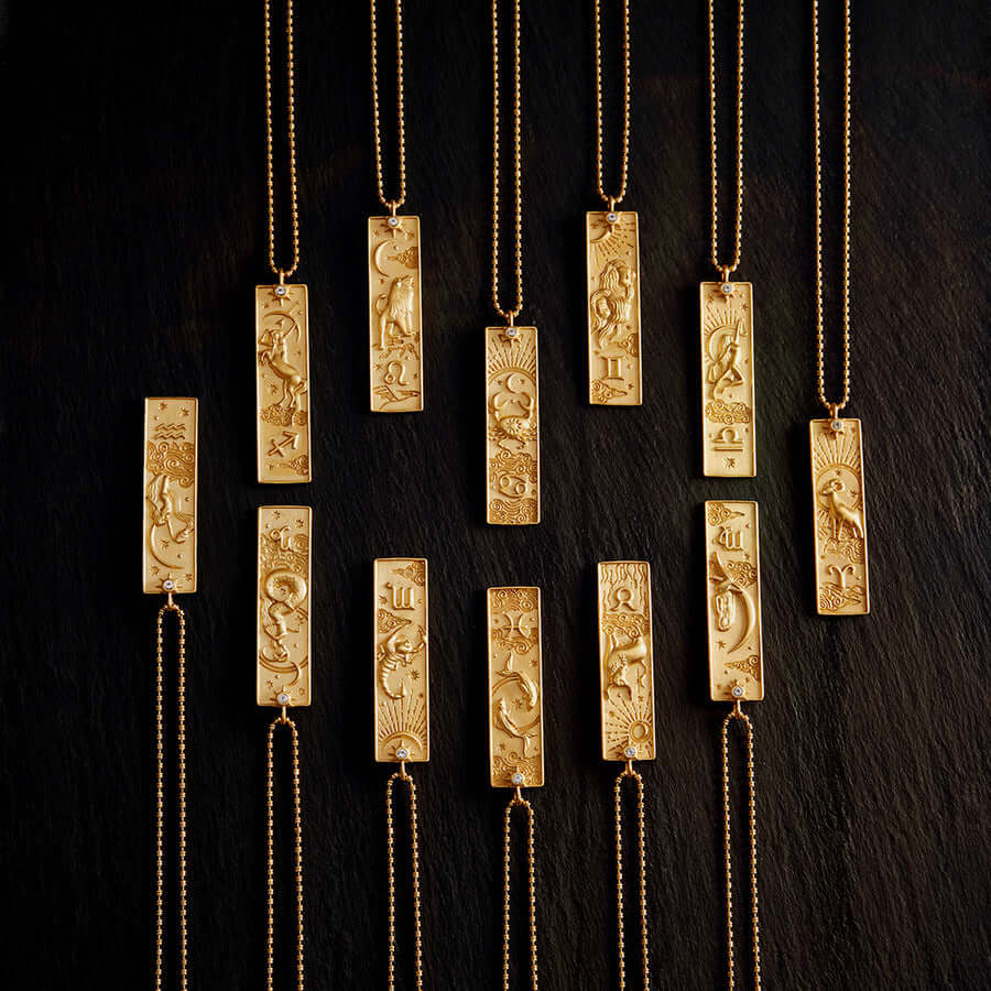 Rectangular Zodiac Sign Pendant Necklace Gold