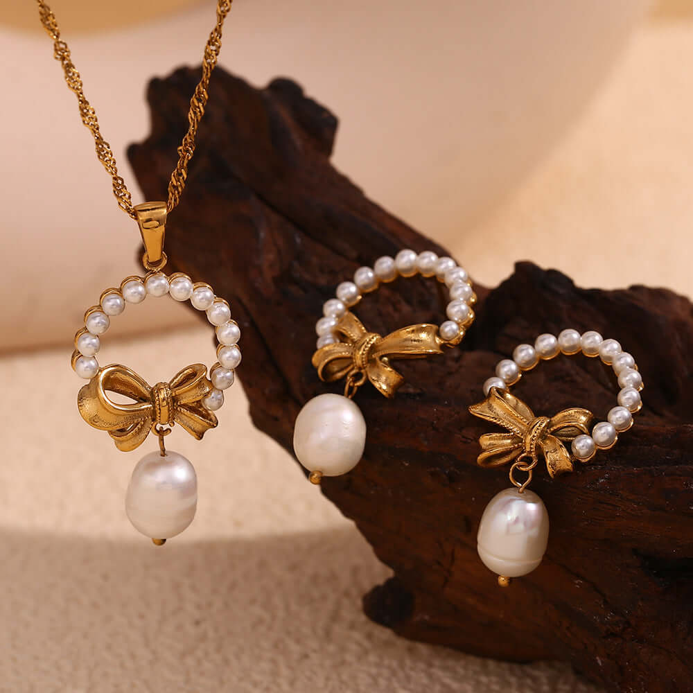 Gold Bow Pearl Drop Earrings