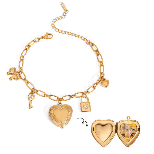 Bow Heart Locket Bracelet with Charm