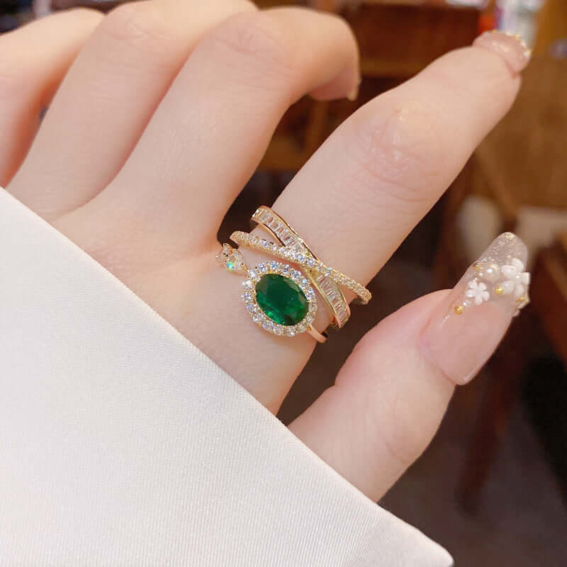 Emerald Green CZ Layer Cross Stacking Ring Set | K4205