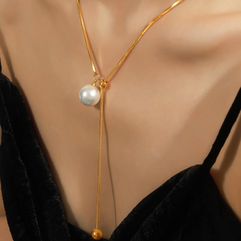 Casual Pearl Slider Lariat Chain Necklace