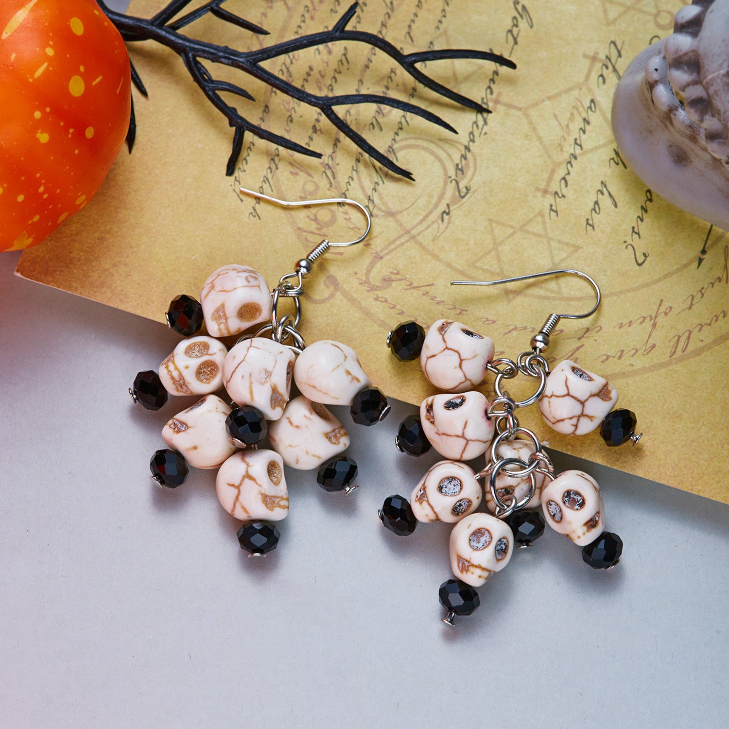 Pumpkin Spell Skull Beaded Drop Earrings