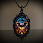 Goth Cross Crow Raven Embossed Halloween Pendant Necklace