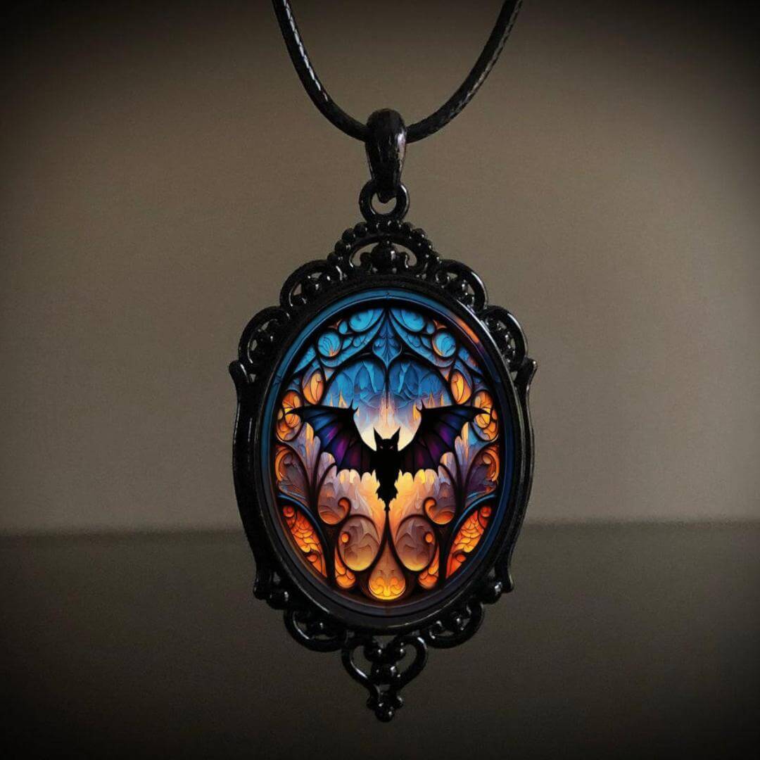 Goth Cross Crow Raven Embossed Halloween Pendant Necklace