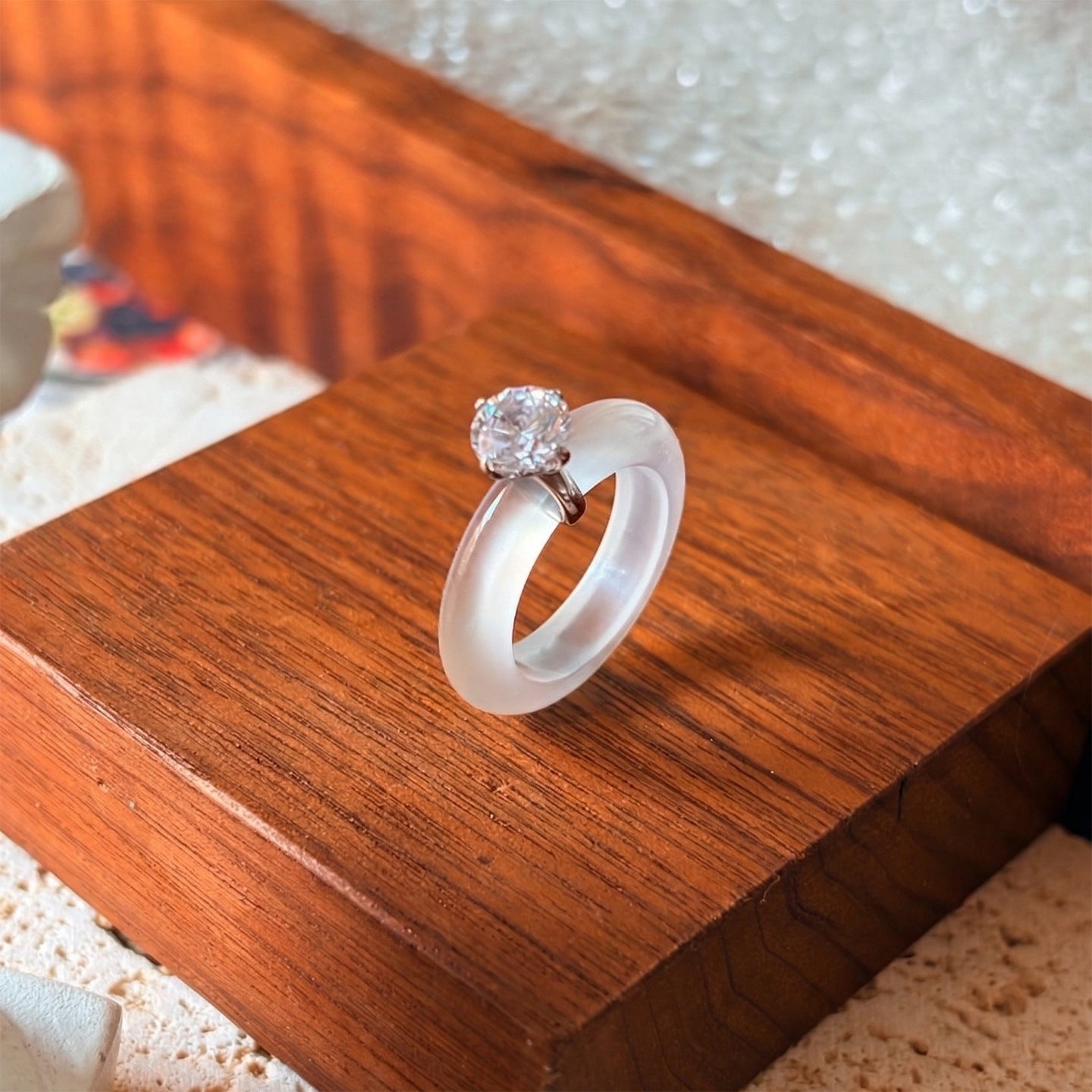 Translucent White Chalcedony Crystal Ring with Zircon