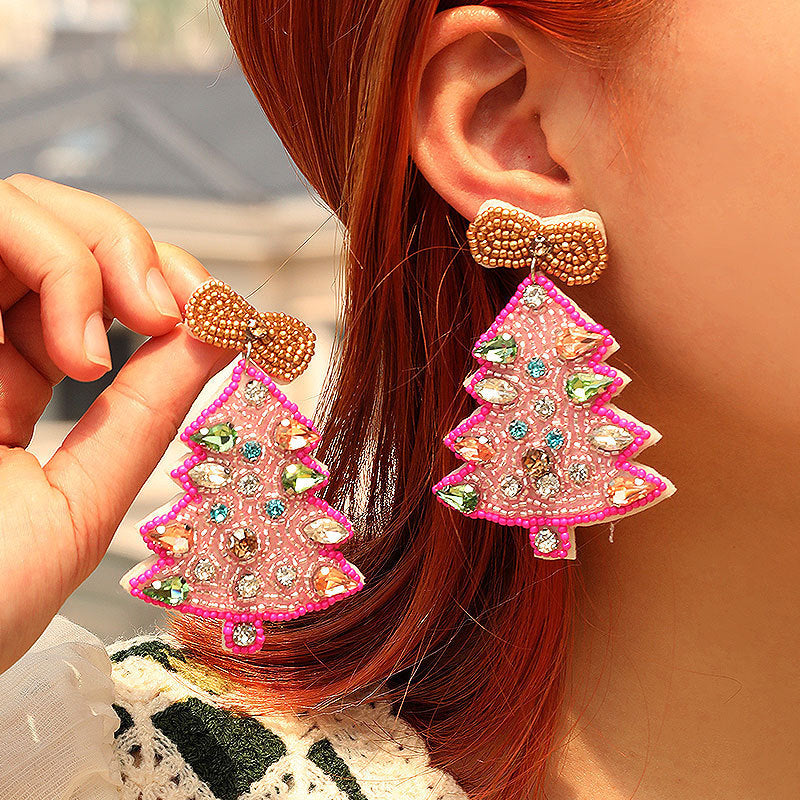 Handcraft Woven Glass Bead Xmas Tree Earrings