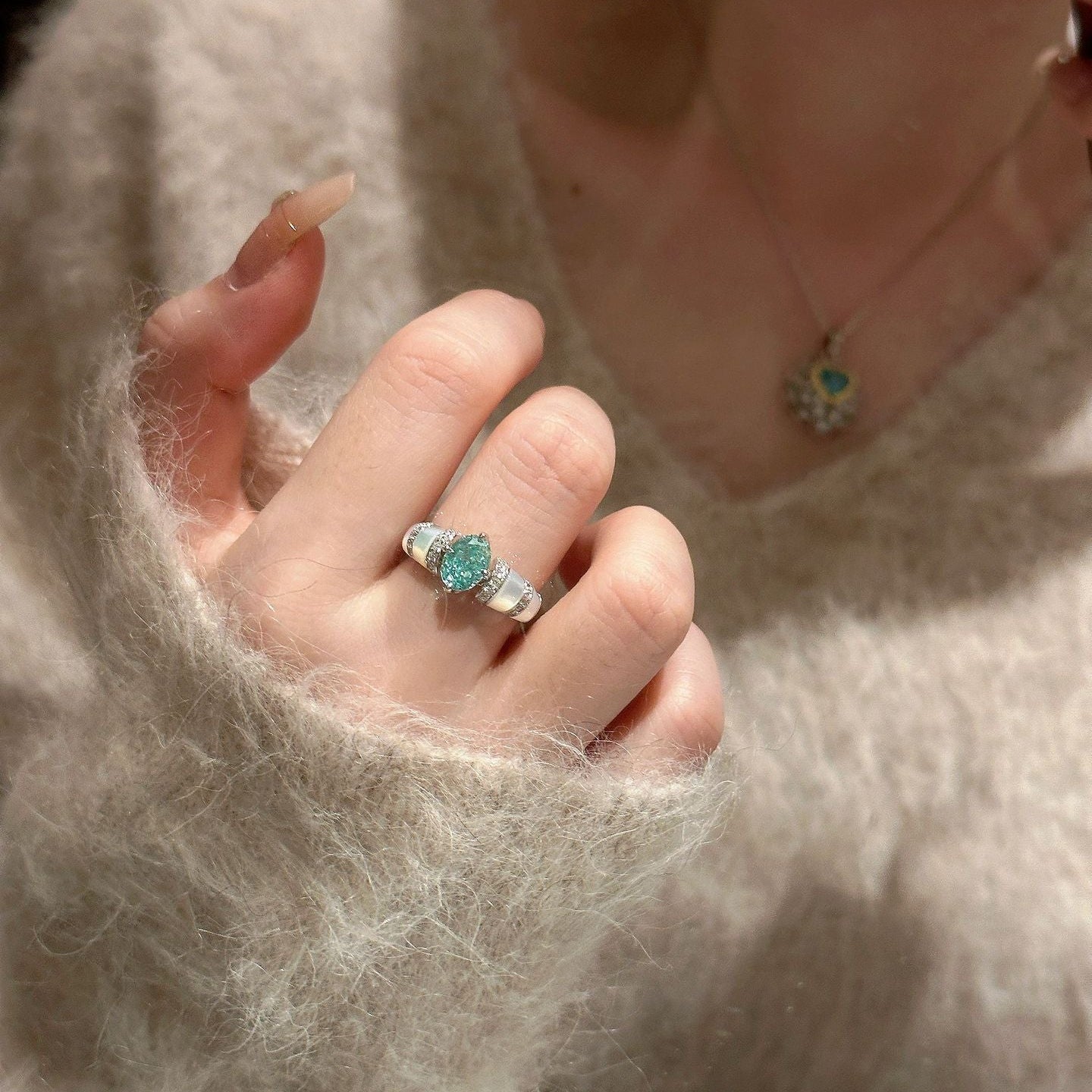 Paraiba-Inspired Blue Green Crystal Vintage Halo Ring