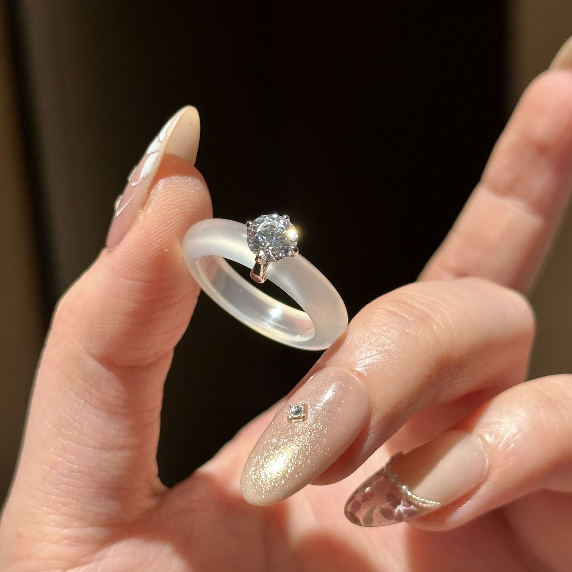 Translucent White Chalcedony Crystal Ring with Zircon