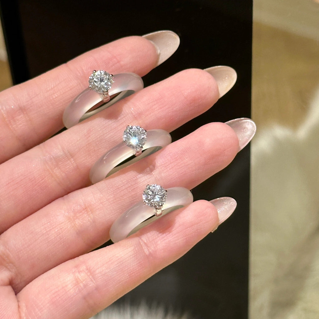 Translucent White Chalcedony Crystal Ring with Zircon