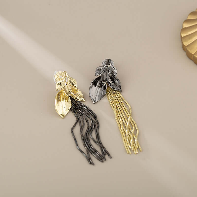 Mismatch Metallic Spiral Leaf Tassel Waterfall Earrings
