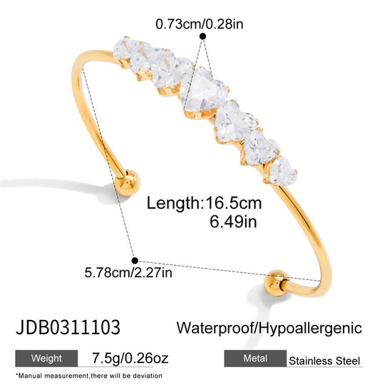 Zircon Heart Open Cuff Bangle Bracelet