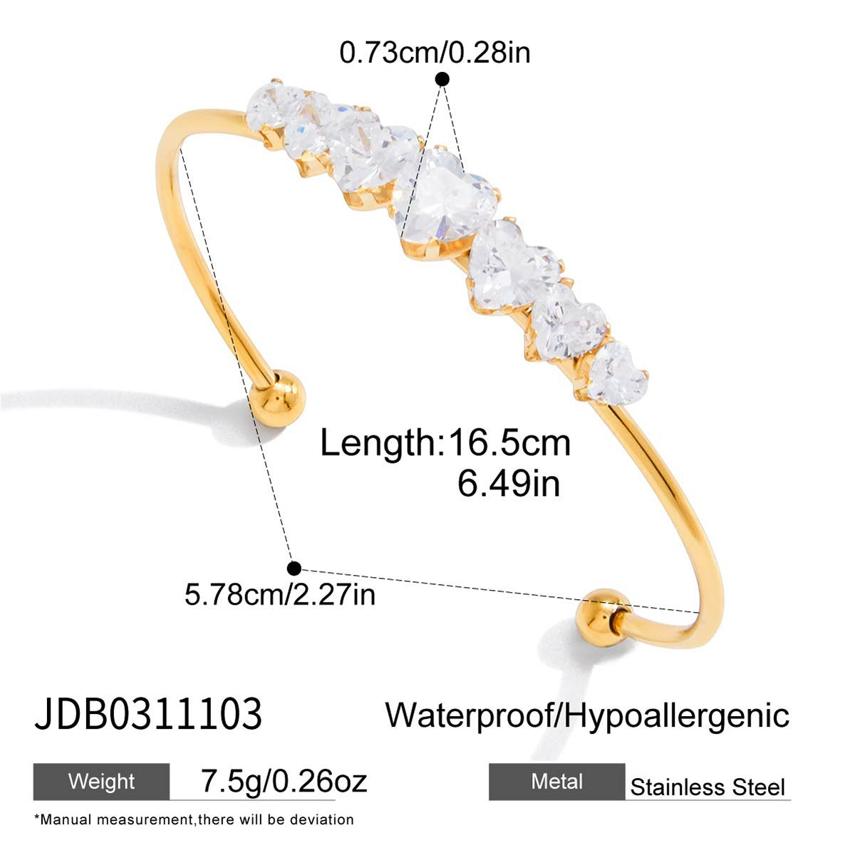 Zircon Heart Open Cuff Bangle Bracelet