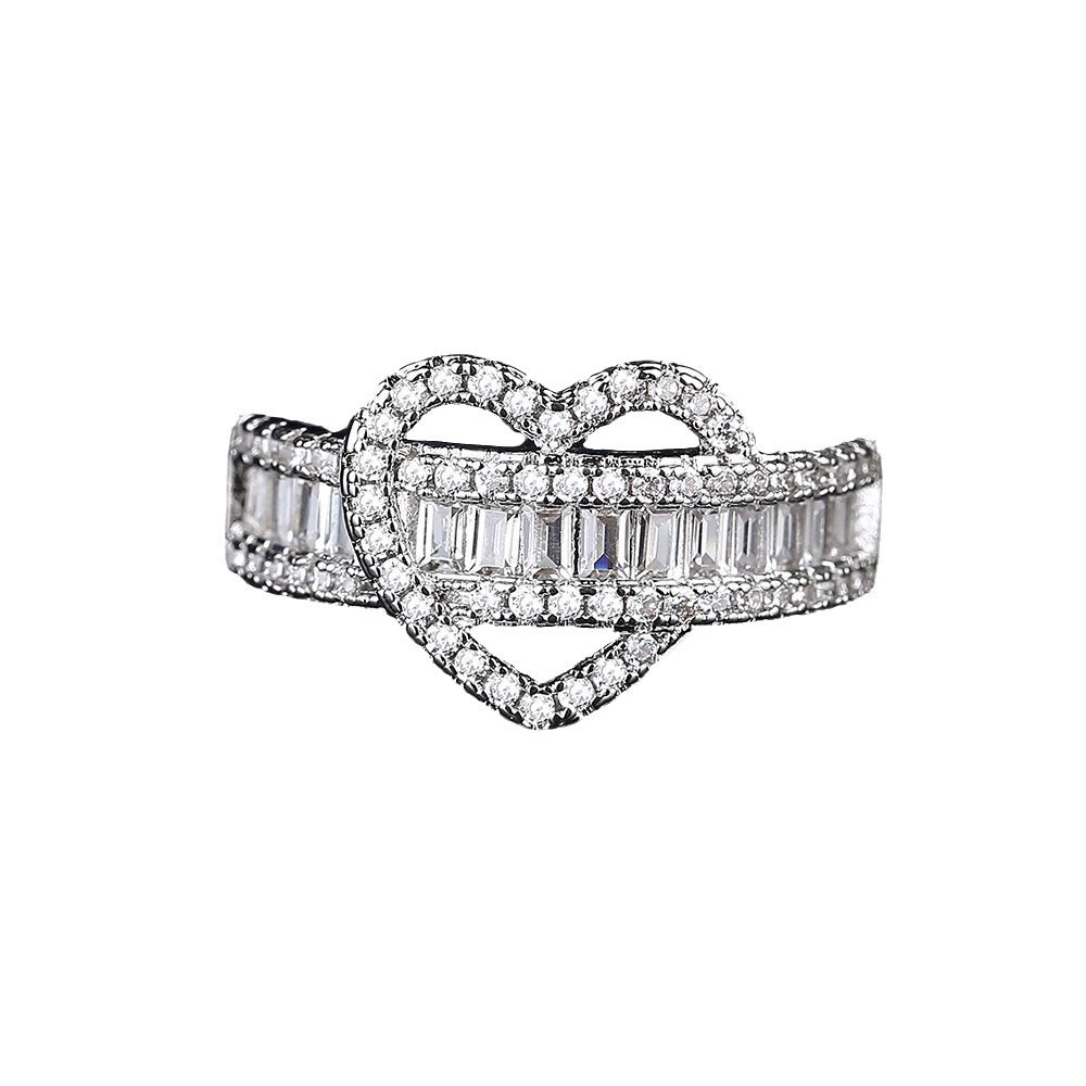 Wide Band Zircon Silver Heart Ring