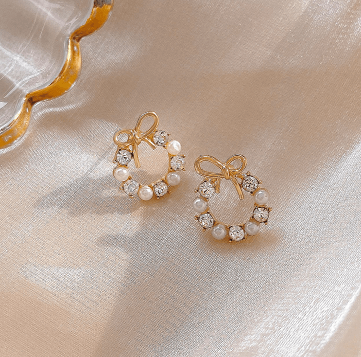 CZ Pearl Stud Earrings, Tiny Bow Studs, French Earrings,Daughter Gifts