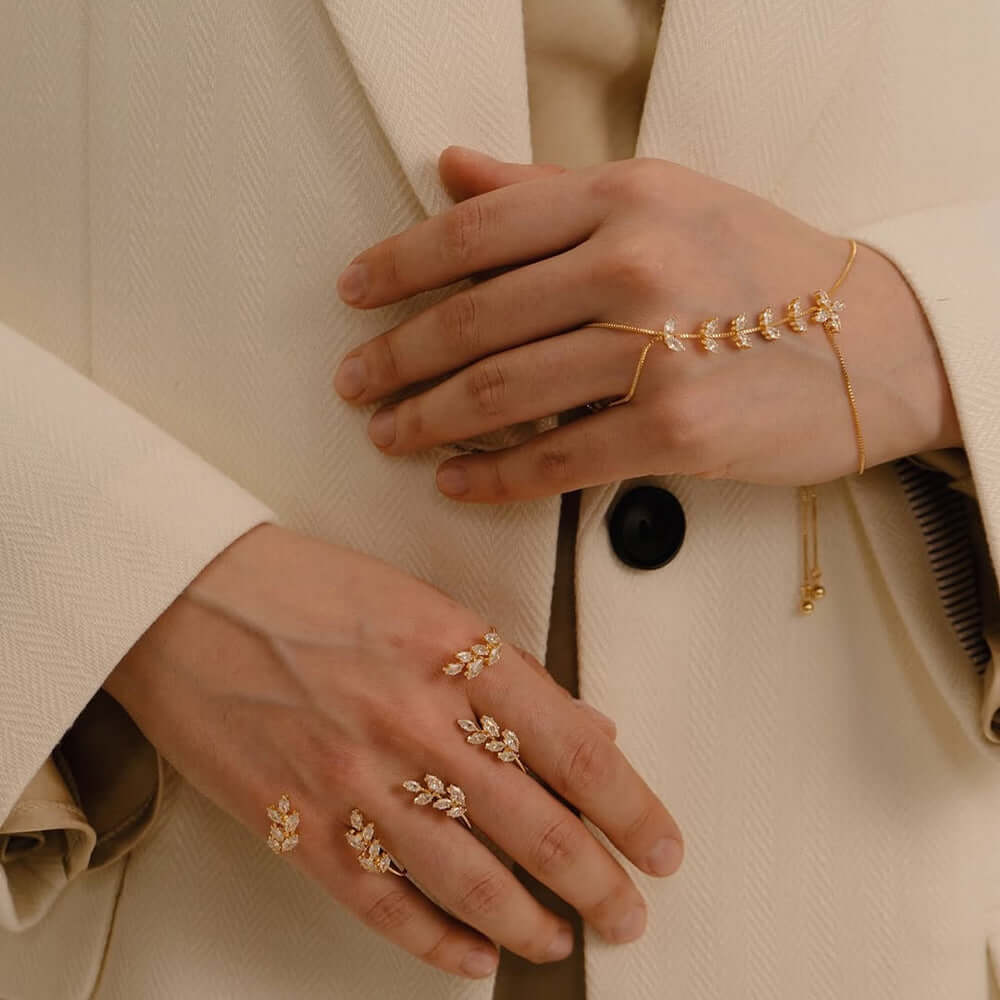 Dainty Gold Leaf Hand Cuff Ring