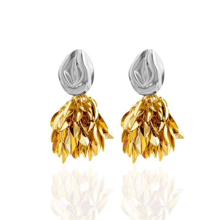 Gold Silver Tones Double Wear Leaf Fringe Earrings Set