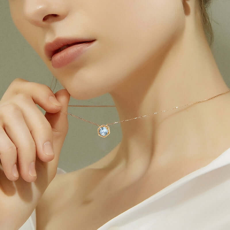 Hexagon Bezel Birth Month Aquamarine Gemstone Necklace