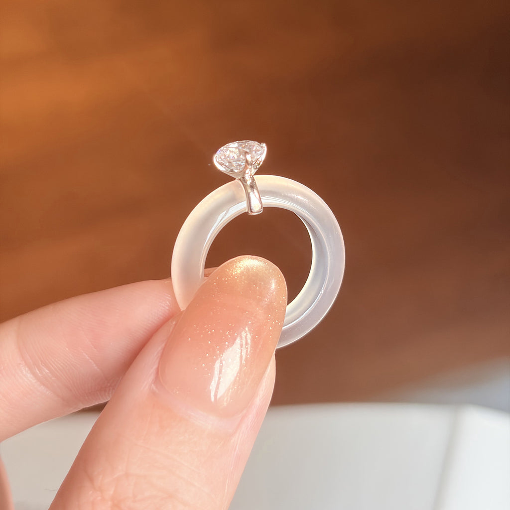 Translucent White Chalcedony Crystal Ring with Zircon