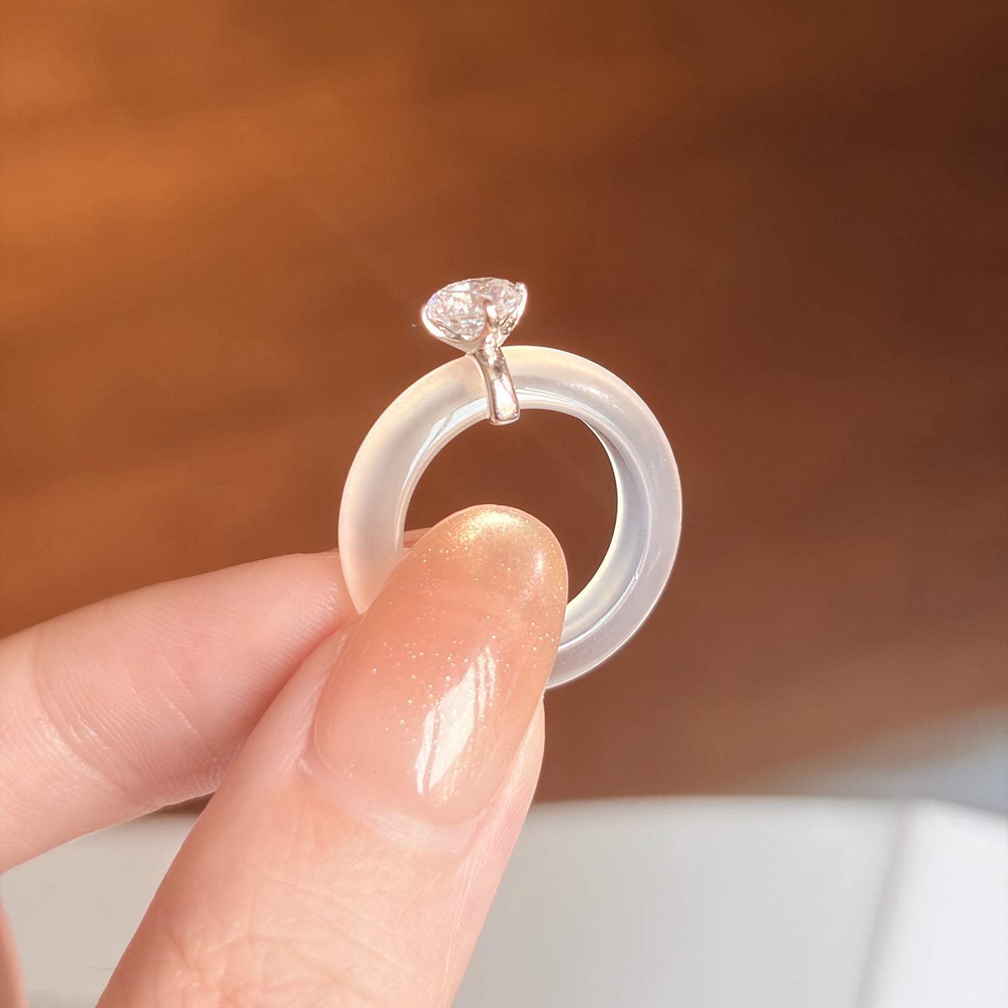 Translucent White Chalcedony Crystal Ring with Zircon