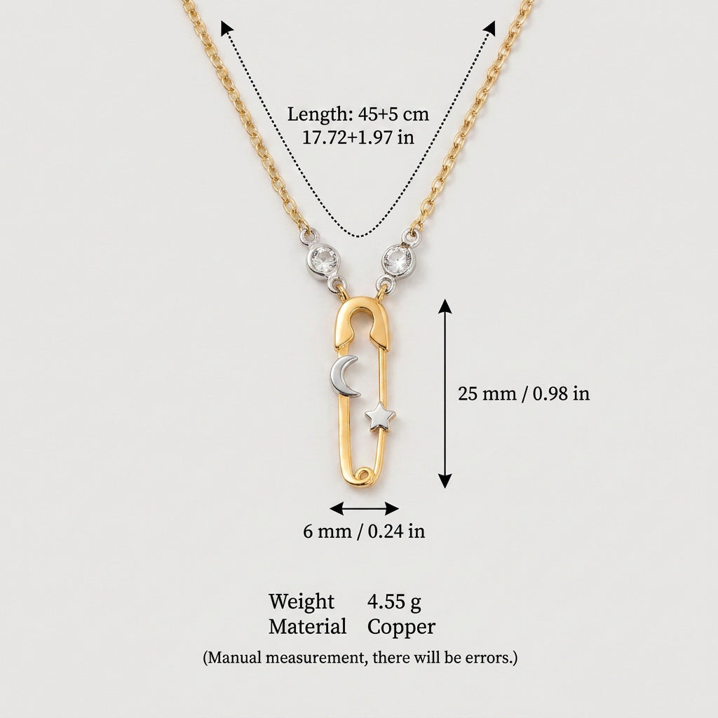 Celestial Safety Pin Sun Moon Necklace